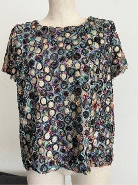 Weston Wear Anthropologie 3D Rosette Sequin Embellished Top Black Multicolor L